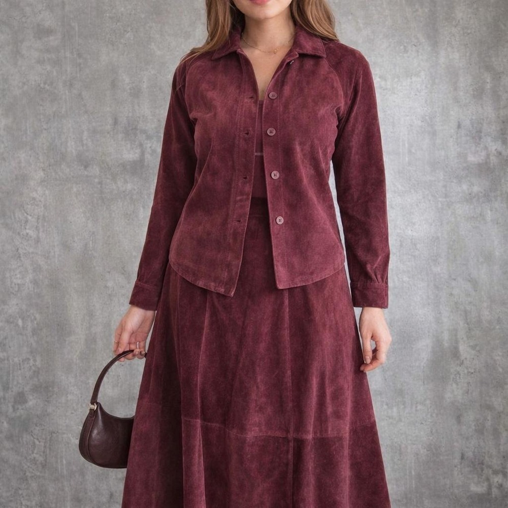 Vintage 80s AVANTI Burgundy Suede Skirt Jacket Set Midi Skirt Western Boho M